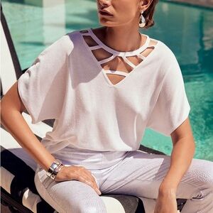 Joseph Ribkoff Dry Yarn V-Neck Blouse Cut Out Neckline Sz XL